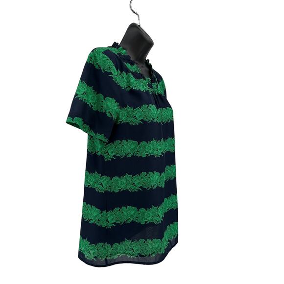 J.Crew Ruffle Crew Neck Top WMN 4 Navy Blue/Green Beanstalk Stripe A9171 Blouse - Picture 4 of 11